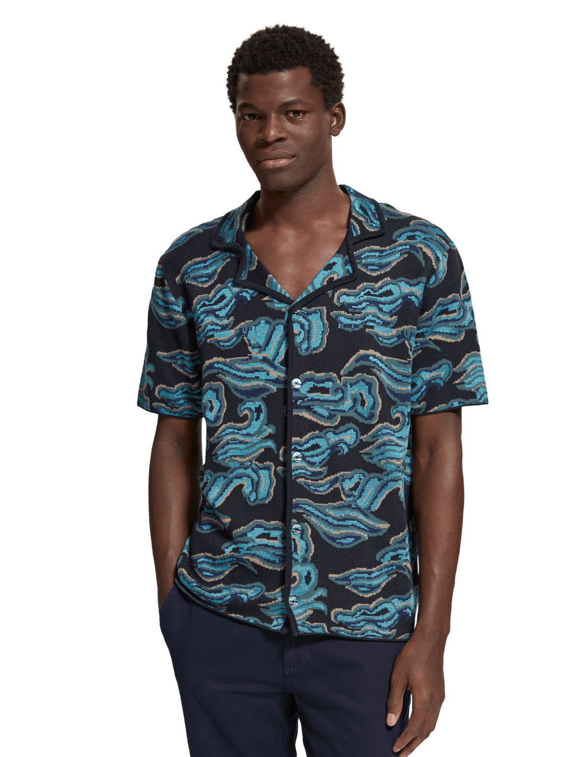 Men's Jacquard Knit Short Sleeve Shirt | Blue | | Scotch & Soda