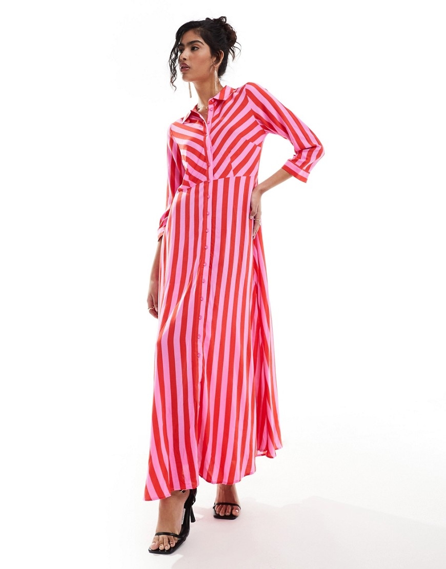 Y.A.S maxi shirt dress in pink and red stripe-Multi